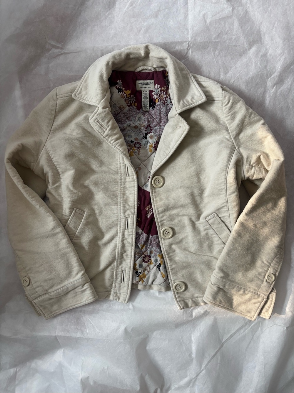 Vintage American Eagle Cream Button Jacket with Floral Quilted Plum Lining